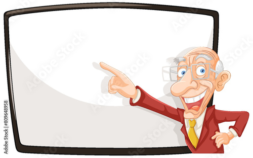 Cartoon of senior man pointing at blank board