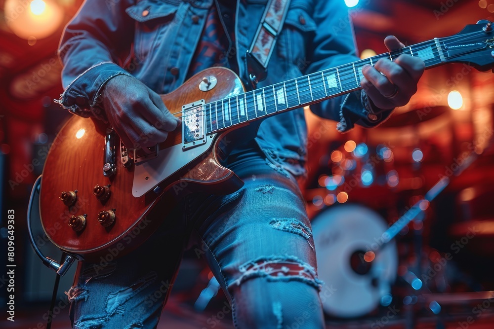 Naklejka premium Dynamic image of a musician's hands playing an electric guitar on stage with vibrant lighting