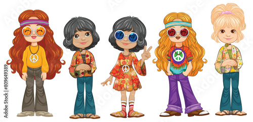 Five kids dressed in vibrant 70s outfits