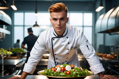 A chef stands in front of a salad