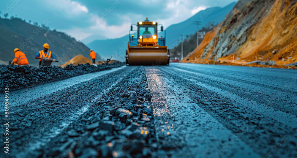 Construction site is laying new asphalt road pavement,road construction workers and road construction, asphalt roller working Construction site is laying new asphalt road pavement,road construction workers and road construction, asphalt roller working