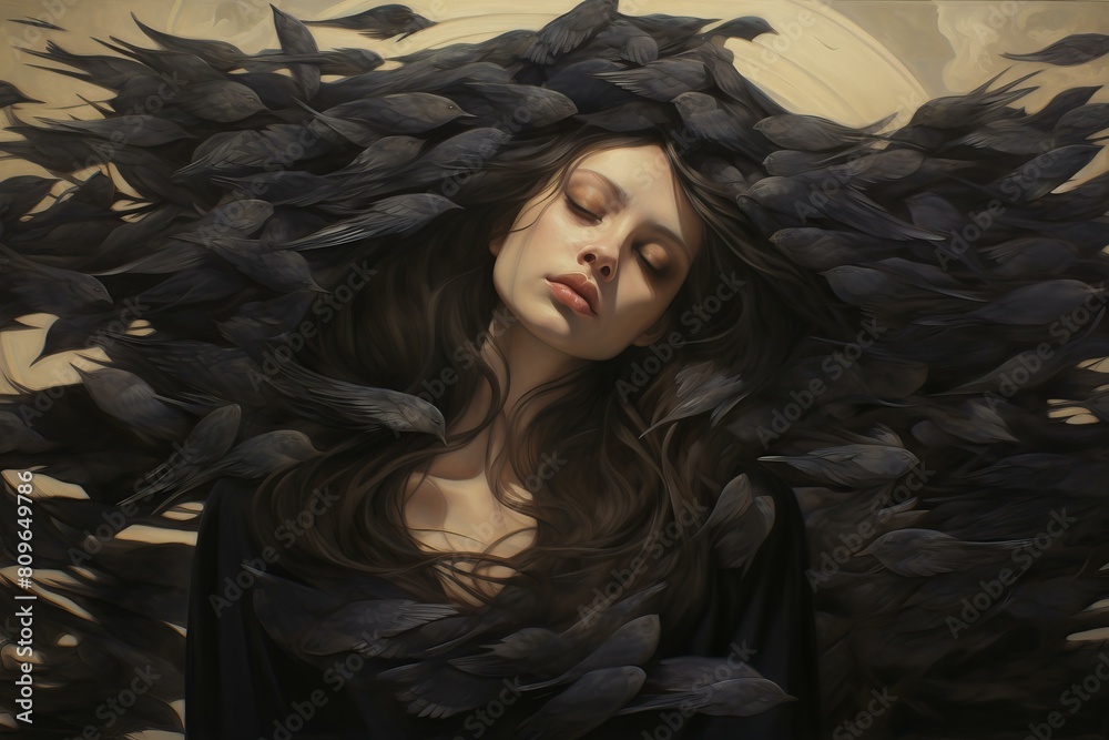 Artistic representation of a serene woman surrounded by dark feathers, evoking a dreamlike state Artistic representation of a serene woman surrounded by dark feathers, evoking a dreamlike state