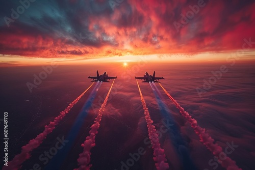 Silhouetted jet fighters streak across a sunrise sky, highlighting unity and the promise of a new day