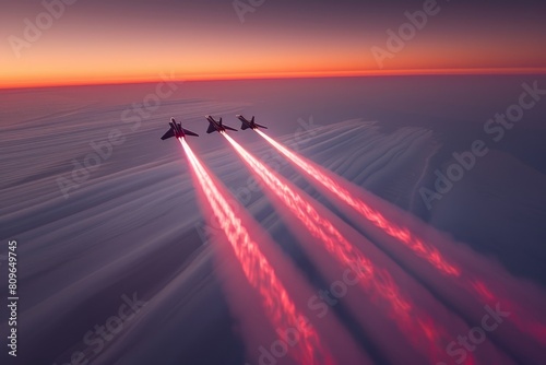 Jets in perfect formation pierce through wispy clouds at sunset  offering a sense of calm and balance