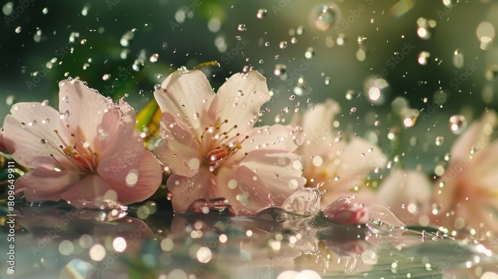 A close-up photo of raindrops falling on freshly bloomed petals, creating glistening reflections of the surrounding springtime scenery. A close-up photo of raindrops falling on freshly bloomed petals, creating glistening reflections of the surrounding springtime scenery.