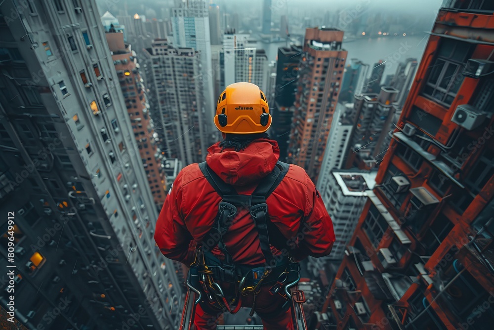 A brave construction worker in bright gear stands high, overlooking a bustling city landscape enveloped in fog A brave construction worker in bright gear stands high, overlooking a bustling city landscape enveloped in fog