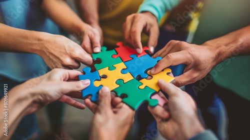 Group of young people connecting green, yellow, pink, red, blue pieces of jigsaw puzzle. People holding different jigsaw parts in hands. Teamwork,Generative AI.