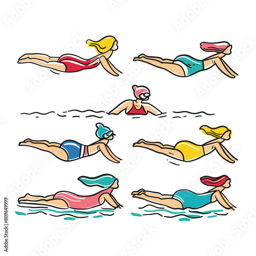 Illustration six female swimmers performing synchronized swimming routine, wearing different colored swimsuits swim caps. Diverse cartoon women display aquatic grace team coordination swimming