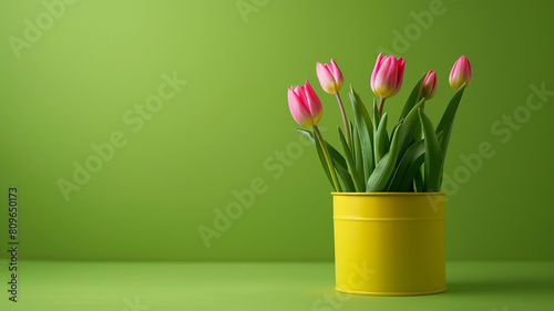 Wallpaper Mural Beautiful tulip flowers in yellow pot can on green background with wide copy space Torontodigital.ca