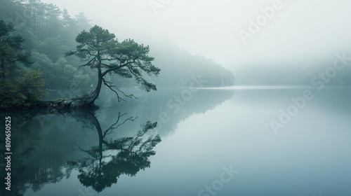 Misty Serenity: Tranquil Nature Landscape. Generative AI photo