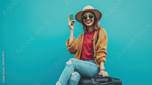 Young indian traveler lady sitting on baggage and showing card