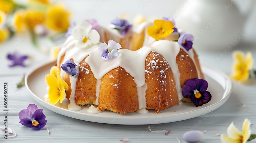 Obraz premium Easter yeast cake covered with icing and decorated with edible flowers on a white plate on a white wooden table