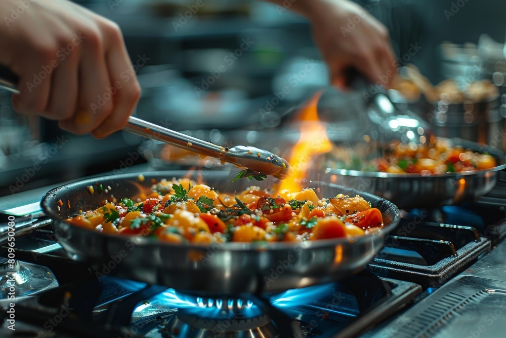 A captivating kitchen scene with a chef cooking at a gas stove, the blue flames adding drama to the culinary process A captivating kitchen scene with a chef cooking at a gas stove, the blue flames adding drama to the culinary process