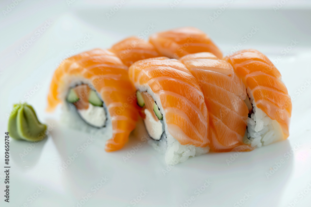 a plate of sushi with a piece of green pepper a plate of sushi with a piece of green pepper