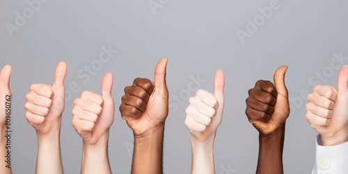 Diverse group of people showing thumbs up gesture symbolizing approval, support, and unity in diversity