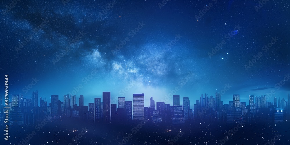 Mesmerizing starry night sky stretching over a brilliantly illuminated urban city skyline, inspiring awe