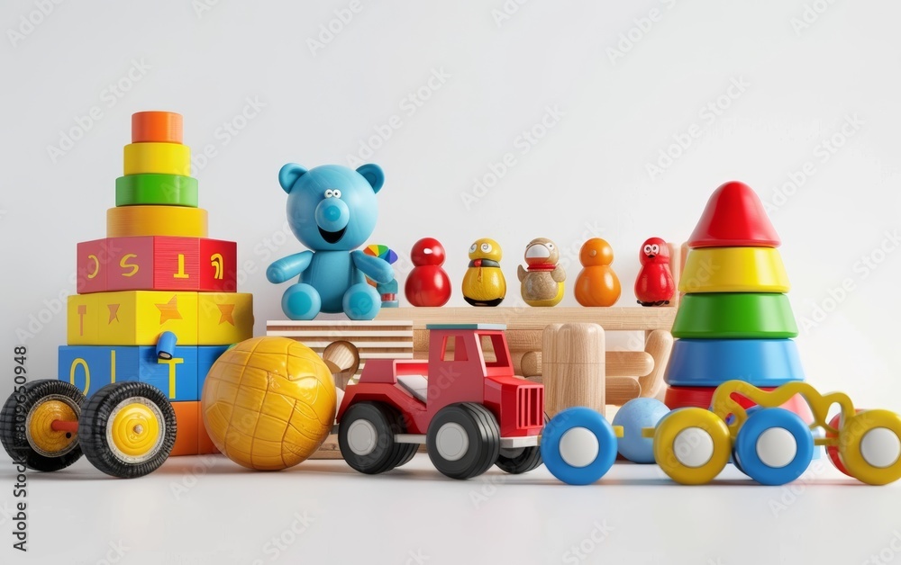 A selection of bright and educational toys arranged neatly against a white backdrop, showcasing textures and fun shapes for learning.