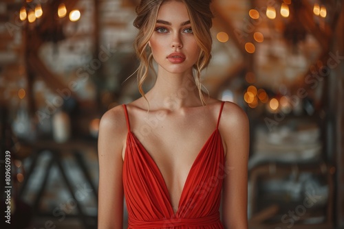 An attractive woman with blonde hair in a red dress stands in a beautifully lit backdrop © Larisa AI