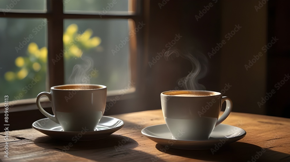 A steaming cup of coffee sitting on a rustic wooden table with morning sunlight streaming through a window 