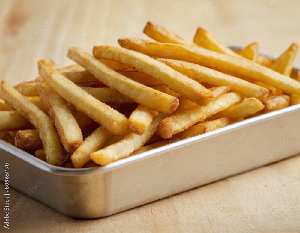 A tray of french fries is sitting on a table A tray of french fries is sitting on a table
