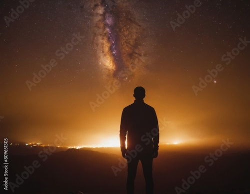 A man stands on a hill looking up at the stars