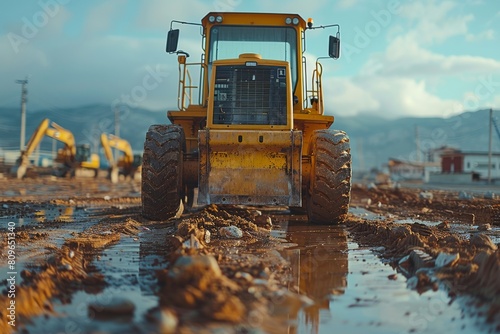 A powerful yellow bulldozer stands on the muddy ground of a construction site with a backdrop of cloudy skies photo