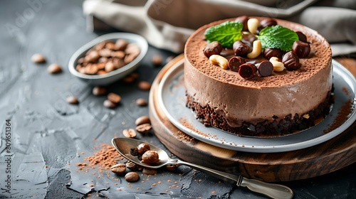 Hot coffee and healthy raw chocolate mousse cake with cashew nuts hazelnuts and dark chocolate glaze topping on a wooden and grey stone background