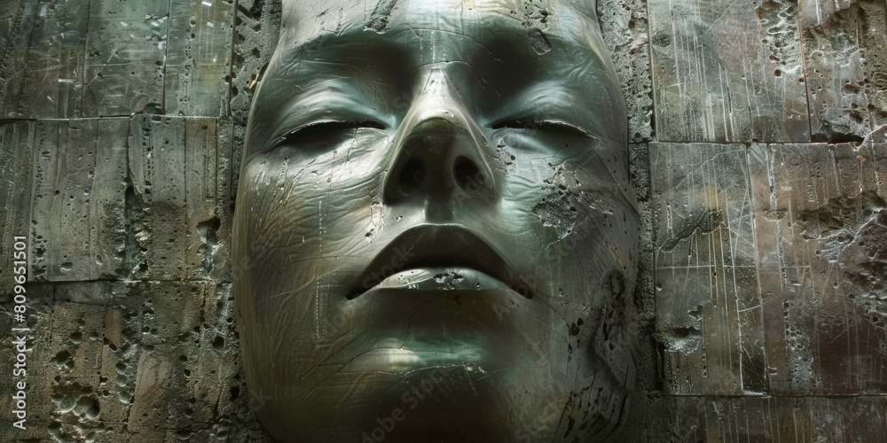Close-Up of Metallic Female Face Sculpture. Sculpted Woman Face Emerging from Textured Metallic Surface. Generative AI Close-Up of Metallic Female Face Sculpture. Sculpted Woman Face Emerging from Textured Metallic Surface. Generative AI