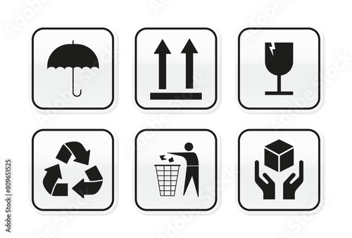 Shipping label template. Cargo sticker. Shipping and package handling symbol for carton box such as handle with care, recycling sign, up sign, fragile. Packaging icon vector. Vector illustration