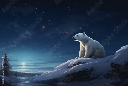Serene polar bear gazes at a star-filled sky on a snowy landscape with a full moon photo