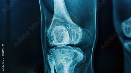 A diagnostic Xray image of a knee joint with visible vertebrae, providing valuable insights for orthopedic examination to assess knee pain photo
