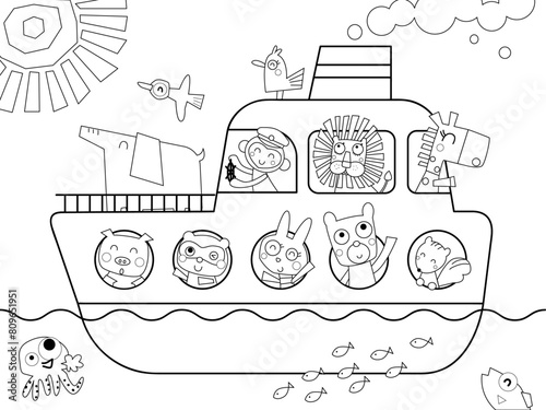 船に乗る動物たちの塗り絵