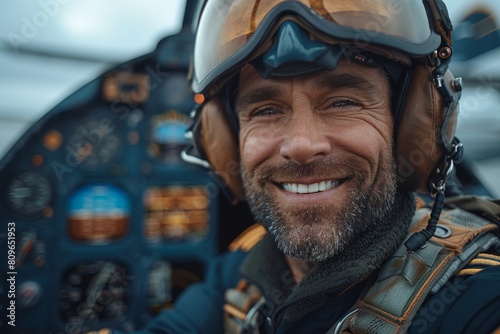 Close-up portrait of a smiling male helicopter pilot inside the cockpit © Larisa AI