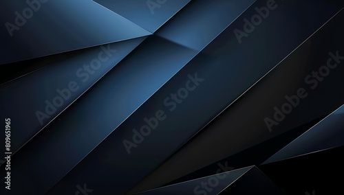 Abstract background, geometric shapes in dark blue and black colors, minimalistic design with sharp edges and lighting effects