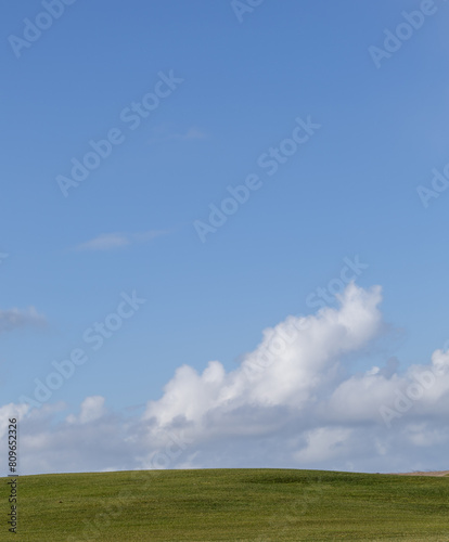 Minimalist landscape image in portrait orientation of a green hill with blue sky and white clouds