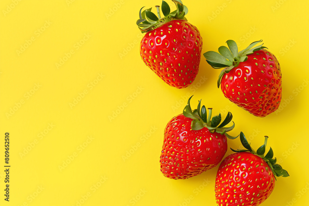 three strawberries are arranged on a yellow surface three strawberries are arranged on a yellow surface