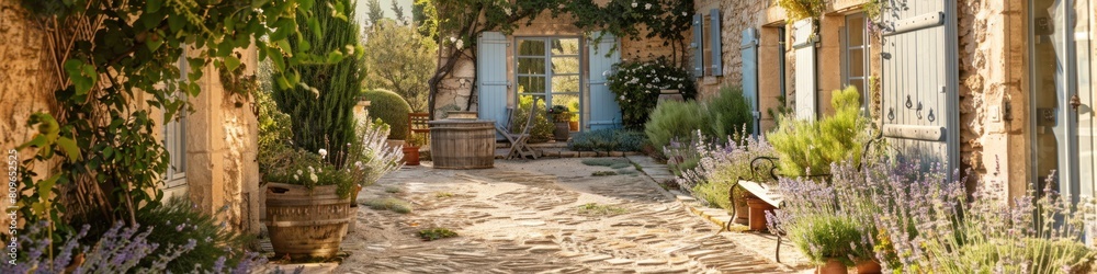 Fototapeta premium Summer-themed watercolor art portraying a cozy courtyard with a small house and blooming lavender.