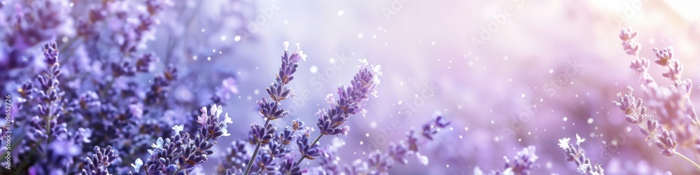 The lavender field and the sunlight falling on it create a soft, dreamy atmosphere. The lavender field and the sunlight falling on it create a soft, dreamy atmosphere.