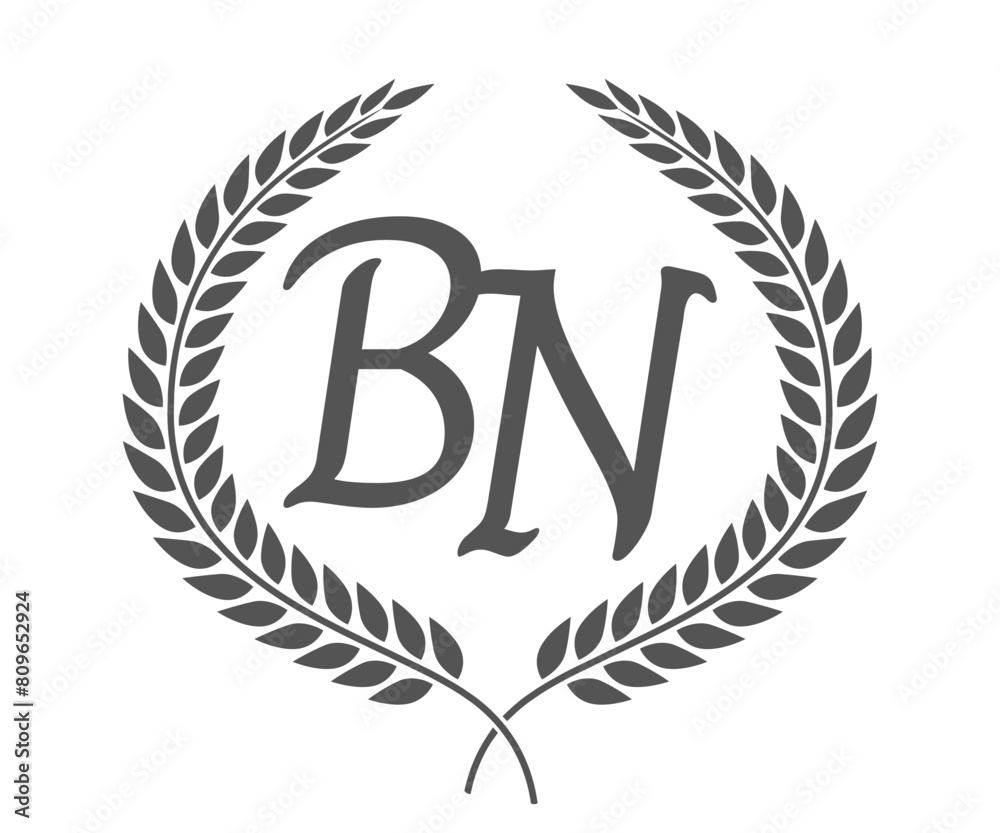 Obraz premium Initial letter B and N, BN monogram logo design with laurel wreath. Luxury calligraphy font.