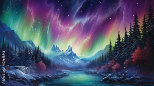 Mystical northern lights watercolor illustration - Generative AI. Northern, lights, colorful, sky, mountain. photo