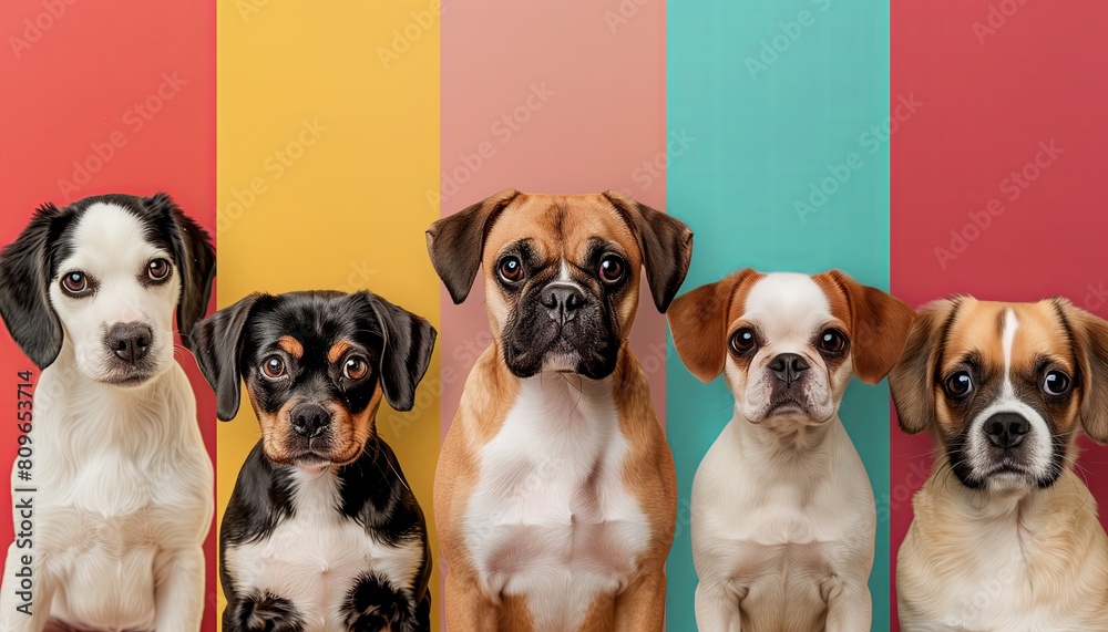 Fototapeta premium Collage with different dogs on color background