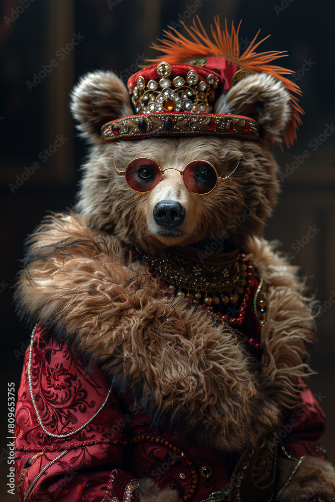 The Profile of A Bear Dressed in Extravagant, Overly Ornate Attire Against A Single-Color Background