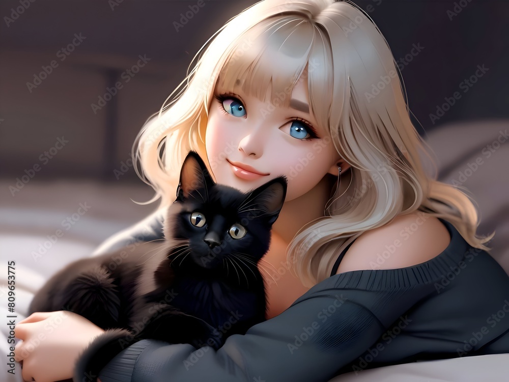 Girl with Cute Black Cat Animal Illustration Art