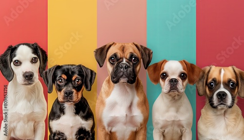 Collage with different dogs on color background