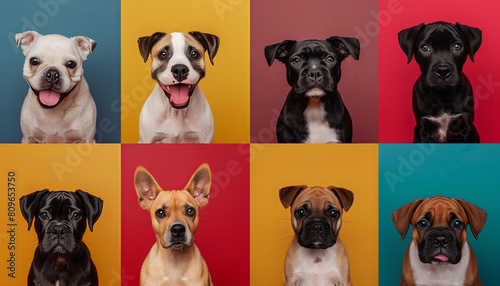 Collage with different dogs on color background