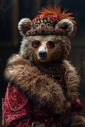 The Profile of A Bear Dressed in Extravagant, Overly Ornate Attire Against A Single-Color Background © MerveK