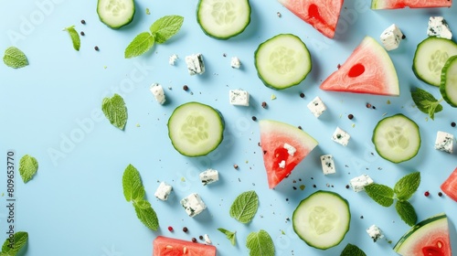 A refreshing salad featuring watermelon  cucumbers  feta cheese  and mint  served on a vibrant blue background. This dish combines fresh ingredients to create a colorful and delicious cuisine staple