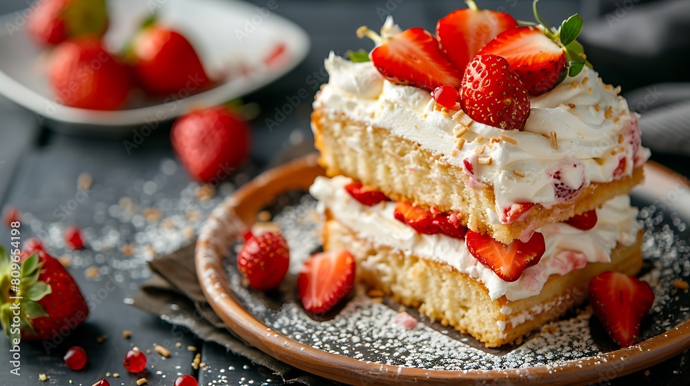 Sponge cake with cream and strawberries