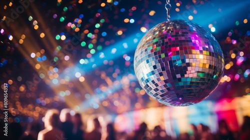 Sparkling Disco Ball Illuminating A Dance Floor With Colorful Party Lights. Generative AI