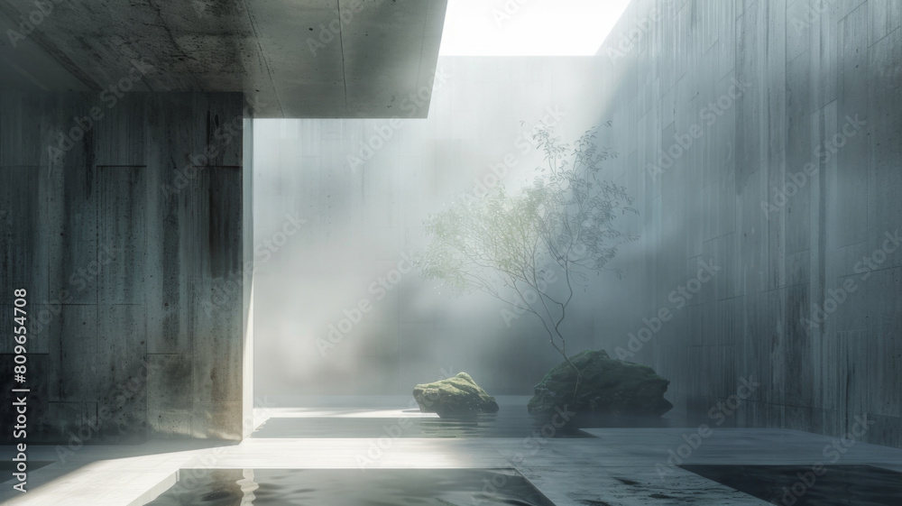 Minimalist Exhibit Bathed in Nature's Light. Concept Minimalism Minimalist Exhibit Bathed in Nature's Light. Concept Minimalism